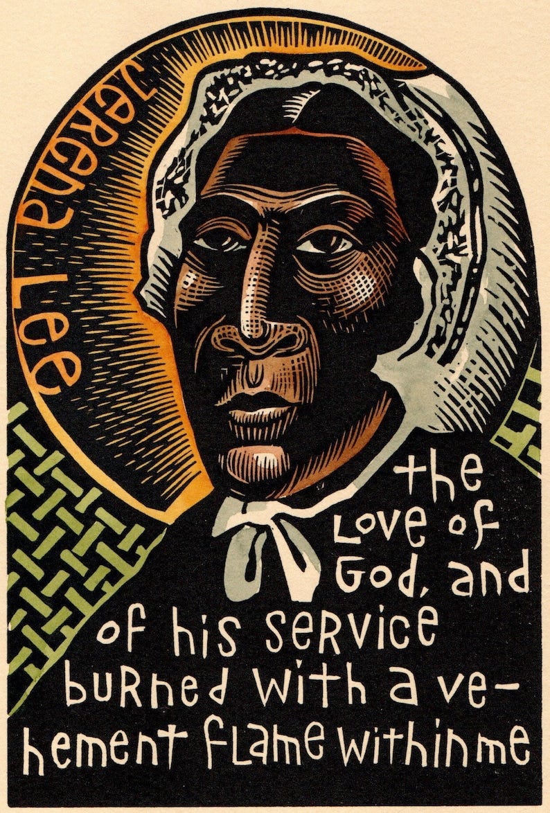 May include: Woodcut print of Jerena Lee, a Black woman in a white bonnet and dark clothing. The image is in shades of black, brown, green, and gold. Text on the print reads: 'Jerena Lee', 'the Love of God, and of his service burned with a vehement flame within me'.