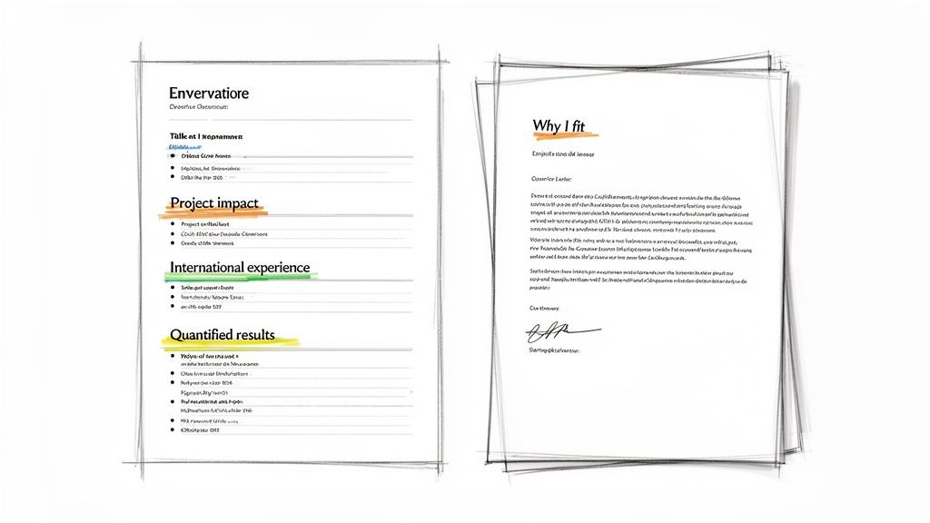 Two professional documents, a resume and cover letter, with sketched borders, showcasing career application content.