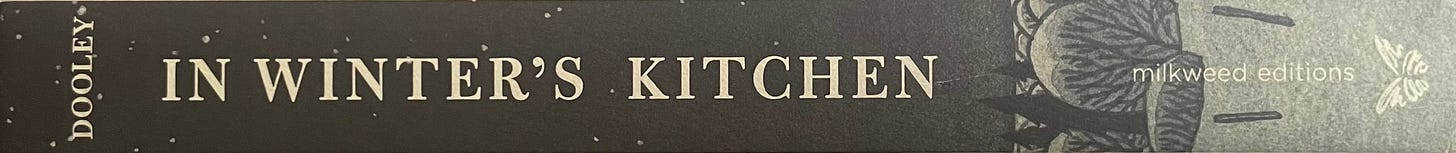 Book spine for In Winter's Kitchen by Beth Dooley. Dark gray cover with a cartoon winter scene.