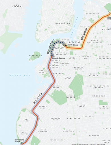 Map of the B Q E through Brooklyn with the B Q E Central portion from Atlantic Avenue to Sands Street highlighted in gray Map of the B Q E through Brooklyn with the B Q E Central portion from Atlantic Avenue to Sands Street highlighted in gray