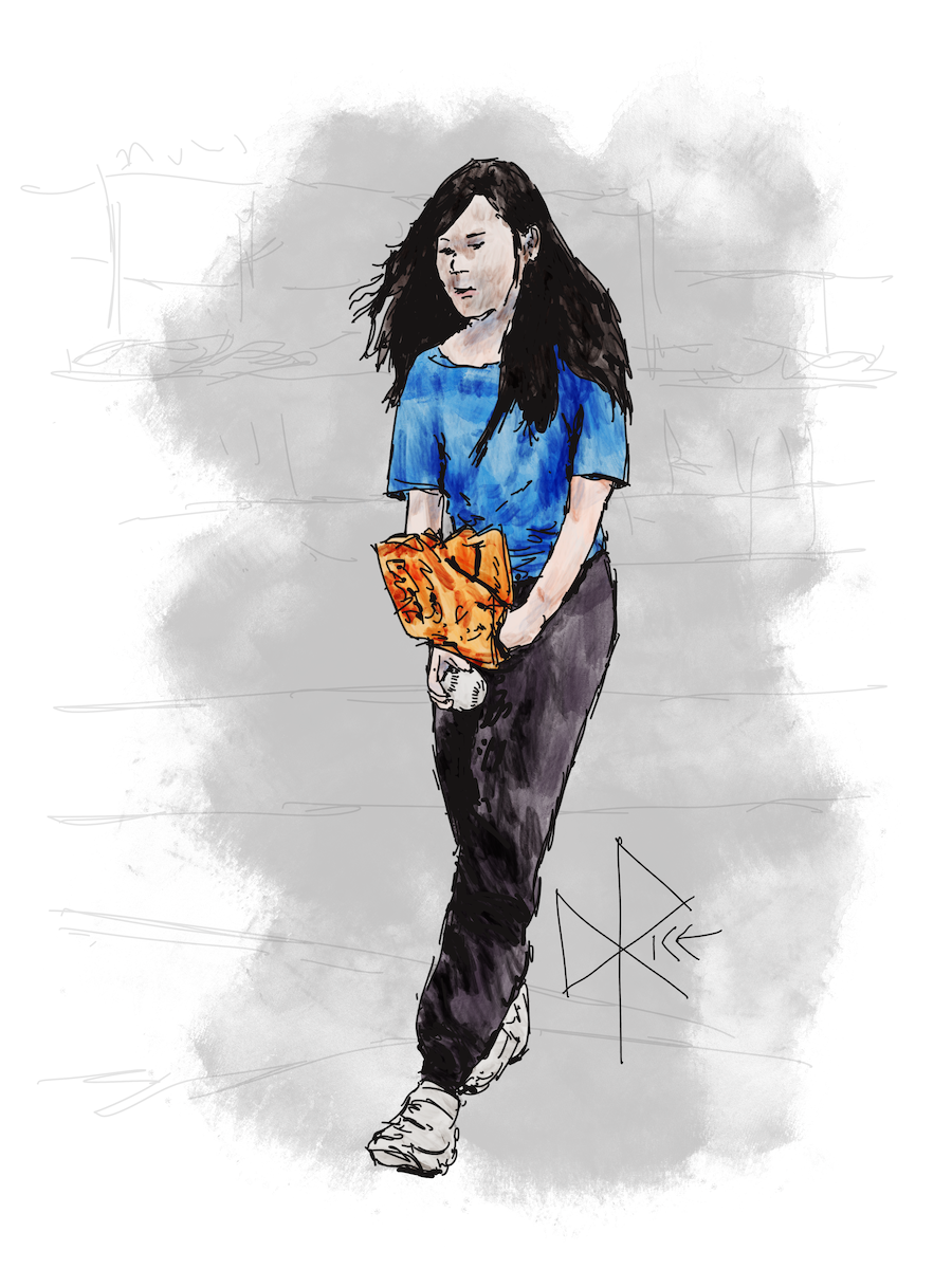 A teen girl steps through the mound as she prepares to pitch the baseball that she holds in her hand. Sketch art by Don Rice. A teen girl steps through the mound as she prepares to pitch the baseball that she holds in her hand. Sketch art by Don Rice.