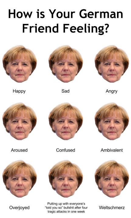 This may contain: the faces of people with different facial expressions and words on them, which says how is your german friend feeling?
