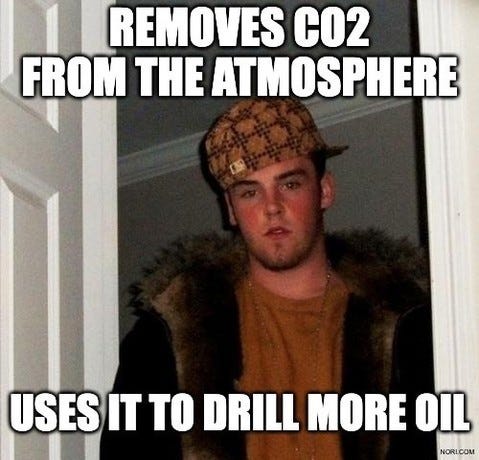 Scumbag Steve meme of a young man in a fur-trimmed coat and cap. Top: "Removes CO2 from the atmosphere." Bottom: "Uses it to drill more oil."