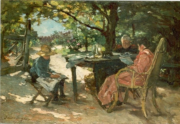 'Drie generaties lezend in de tuin' - olieverf op doek: J.E.H. Akkeringa (herkomst: coll. Simonis & Buunk) 'Drie generaties lezend in de tuin' - olieverf op doek: J.E.H. Akkeringa (herkomst: coll. Simonis & Buunk)