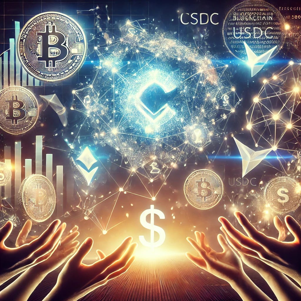 A compelling blog cover photo representing decentralized finance and community-driven growth. The image shows abstract representations of digital tokens (like CSCS and USDC) being exchanged through hands or flowing through a network. The setting is futuristic with glowing blockchain nodes, digital charts showing growth, and a symbolic $1 parity milestone. The overall aesthetic should be modern, professional, and inspirational with a clean, tech-savvy look.