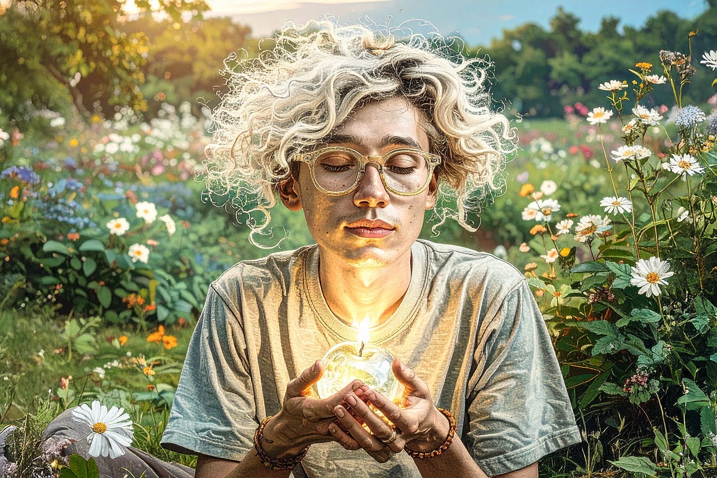 portrait of a young man with wild and untamed hair, holding a glass apple in his hands, surrounded by wild flowers