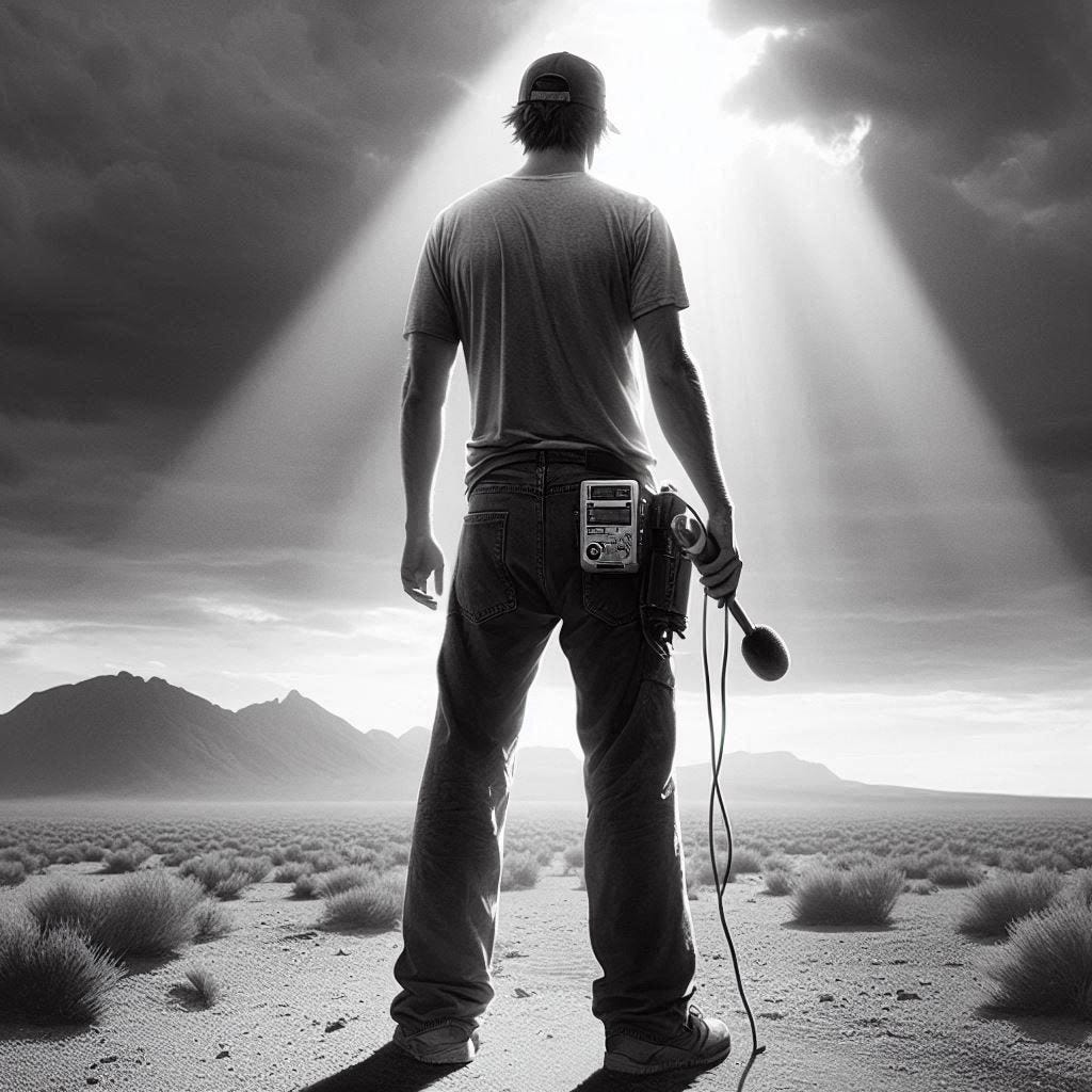 In the lower third of the image (taking up less than a third of the frame), a tall man wearing long pants, a t-shirt, and a baseball cap, stands in a desert with his back facing the viewer. In his right hand is a microphone; in his left hand is a small audio recorder. and audio recorder. A mountain looms in the distance. The sky is filled with dark clouds... except for a bright beam of sunlight that breaks through the clouds and illuminates the man.  