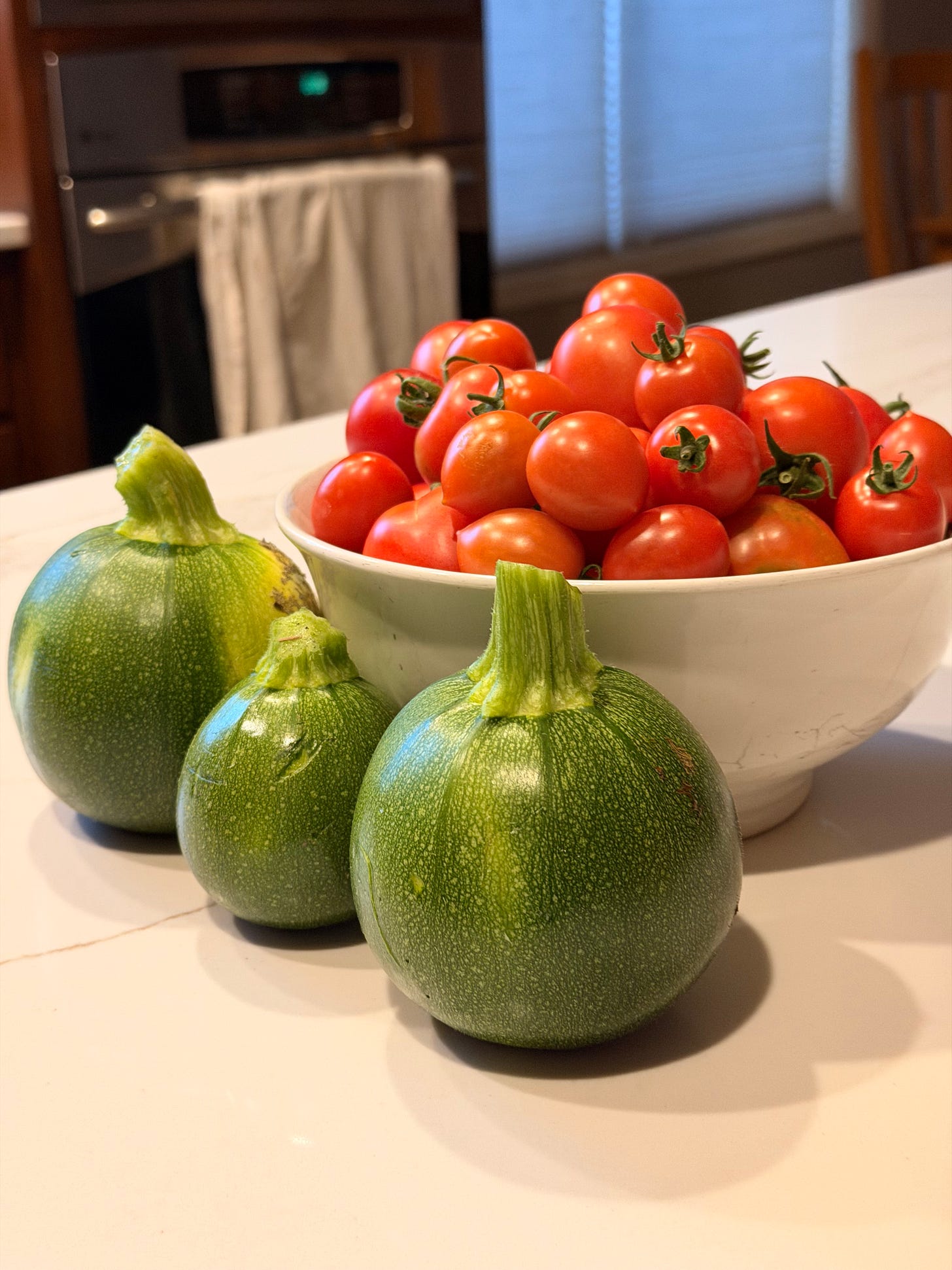 white bowl with tomatoes and three zucchini