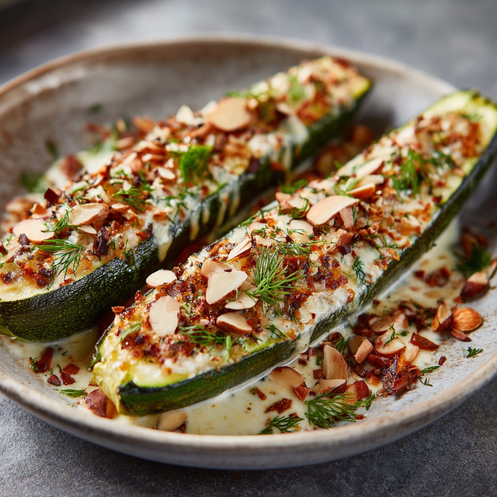 Baked Zucchini Boats: filled with coconut milk and spices, topped with crushed almonds
