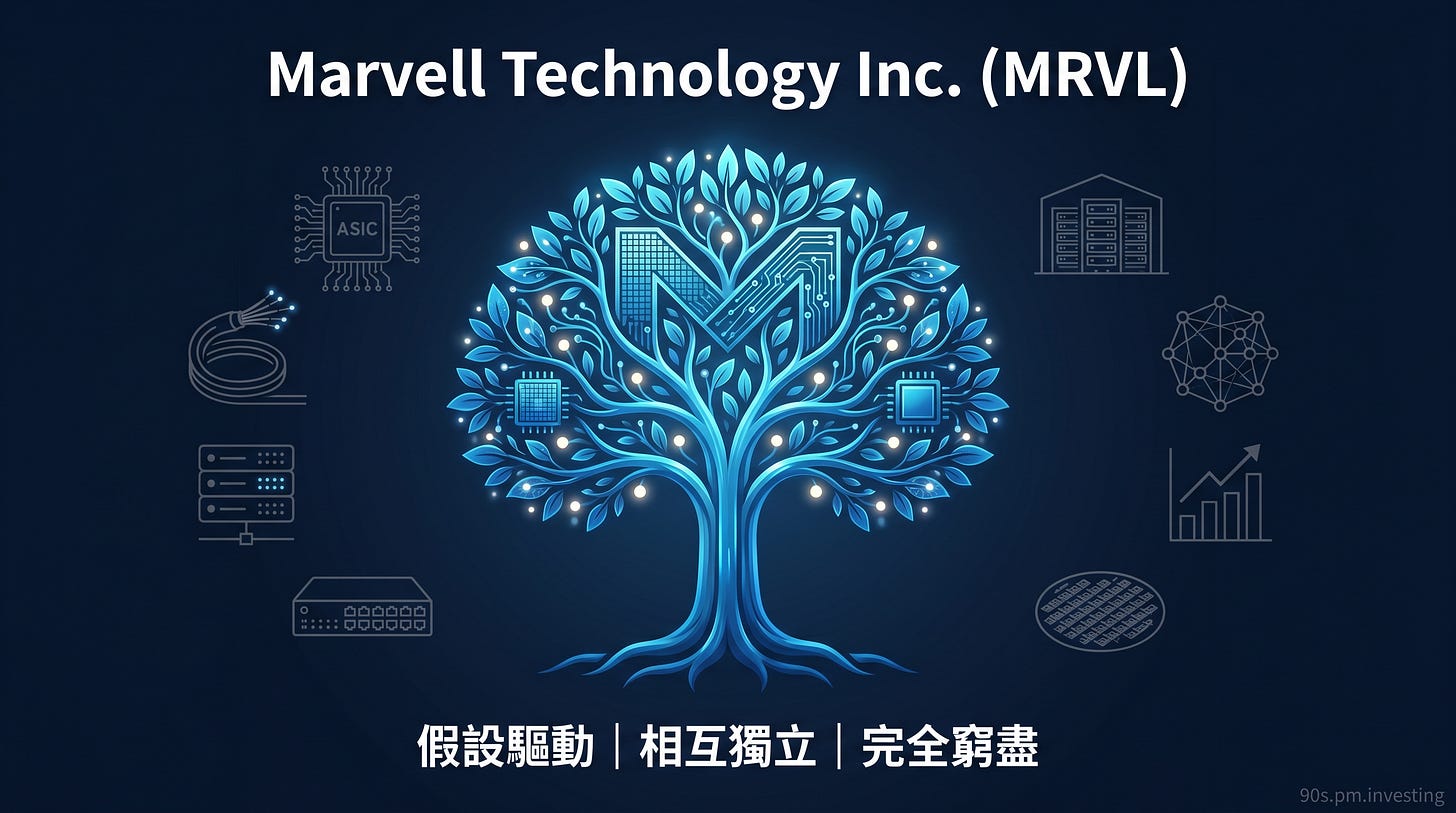 Marvell MRVL 藍色客製化晶片樹封面,中文 MECE 標語 Marvell MRVL 藍色客製化晶片樹封面,中文 MECE 標語