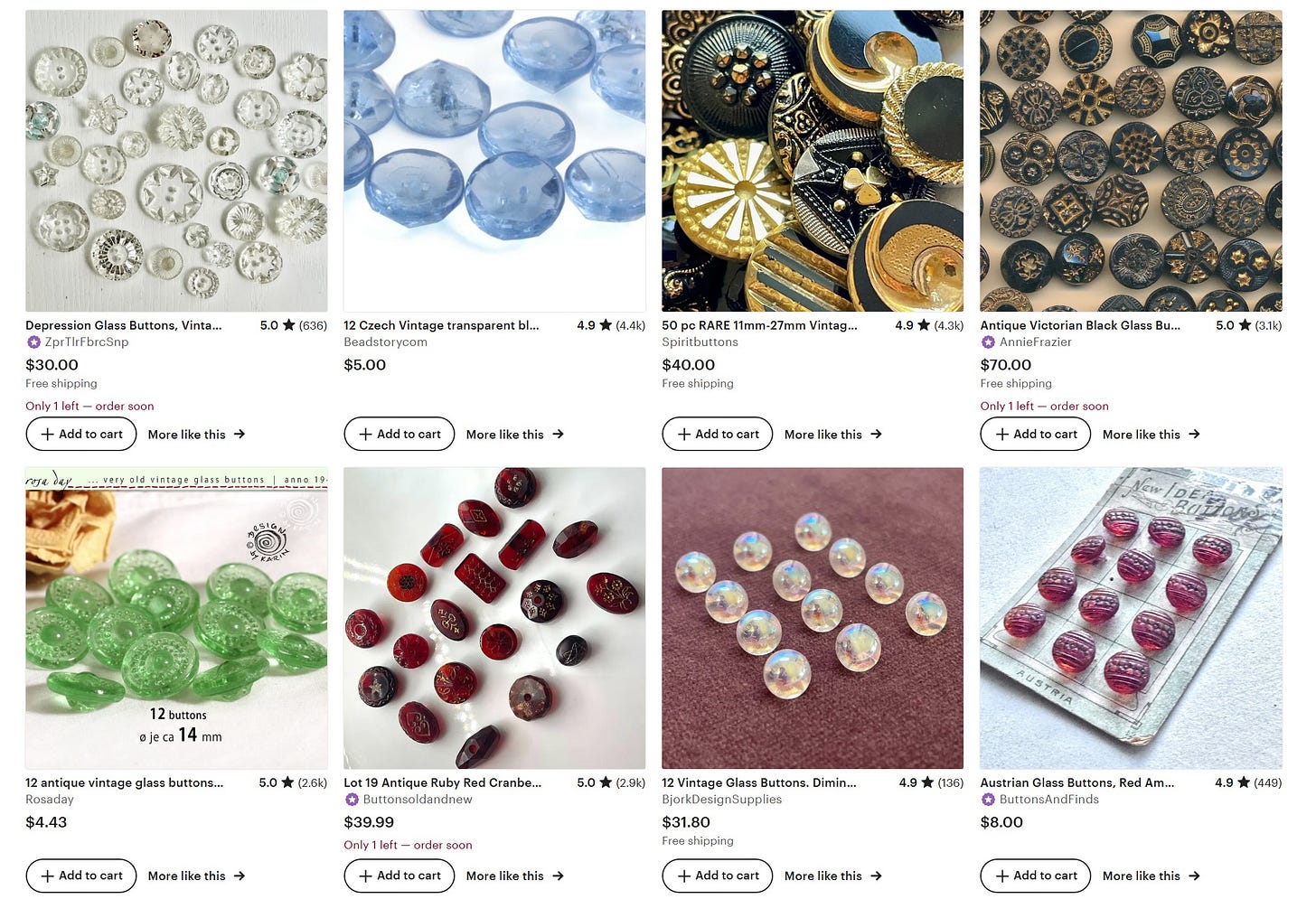 A screenshot of beautiful vintage glass buttons being sold on Etsy.