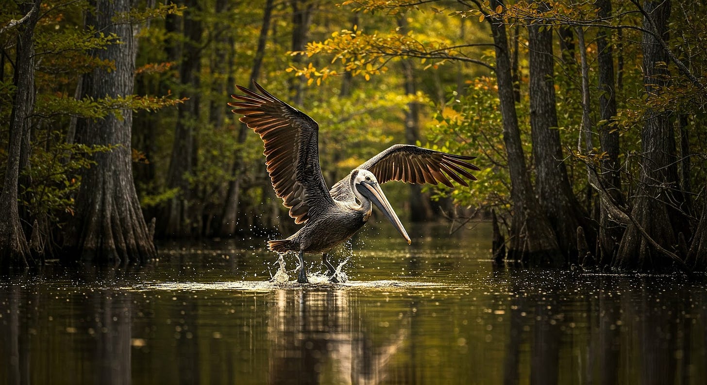 Brown pelican landing on the surface of the bayou waters. Brown pelican landing on the surface of the bayou waters.