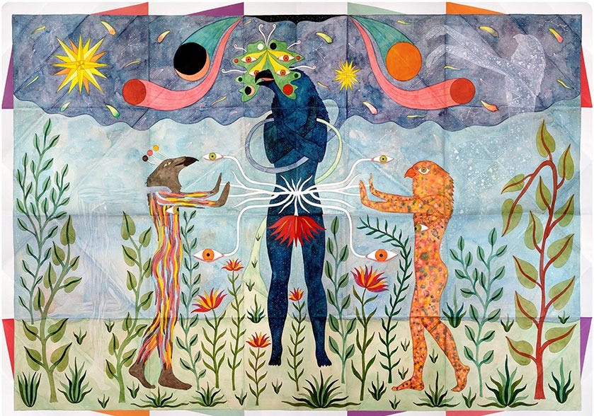 Rithika Merchant, from The Dreaming Realm, 2026. Painting on paper in blues and greens, symmetrical figures flanked by plants and birds beneath a sun and moon.