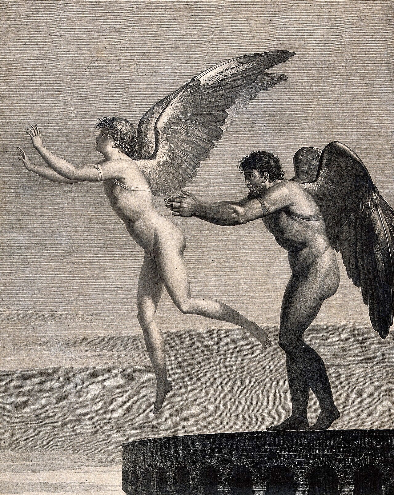 Daedalus fastening wings onto the young Icarus before their flight Daedalus fastening wings onto the young Icarus before their flight