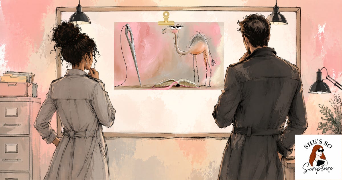 Whimsical watercolor illustration of a camel standing next to an oversized sewing needle Whimsical watercolor illustration of a camel standing next to an oversized sewing needle