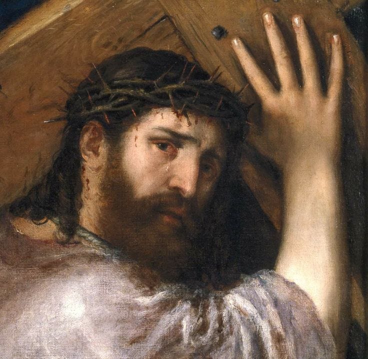 This may contain: a painting of jesus carrying the cross with his hands This may contain: a painting of jesus carrying the cross with his hands