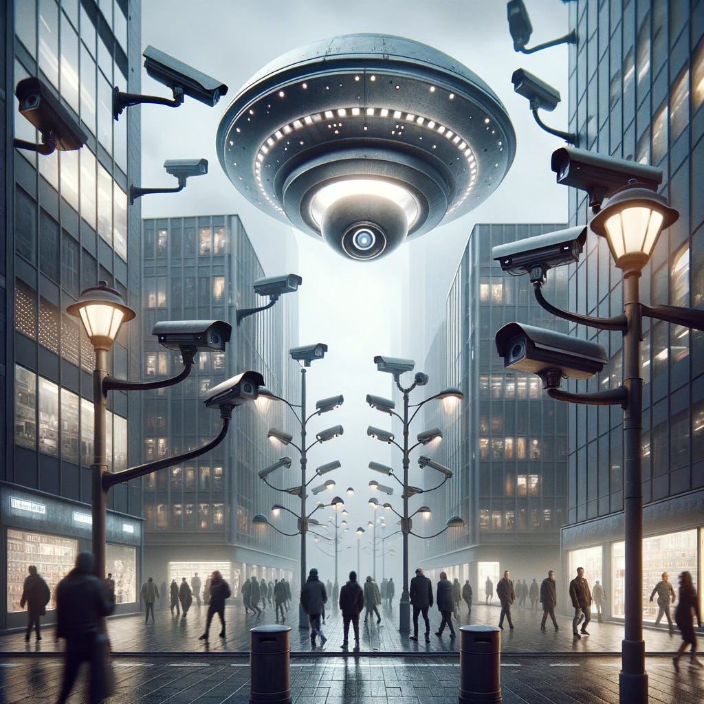 Modify the dystopian cityscape with a surveillance state by adding more CCTV cameras and reducing the number of UFOs. The scene now includes a greater number of CCTV cameras, prominently displayed on buildings, street corners, and lamp posts, enhancing the sense of constant surveillance. The cameras are more noticeable, with their lenses focused on various areas of the street, capturing every movement. There is now only one UFO, making its presence more significant yet less overwhelming. The UFO is hovering subtly in the sky, with its metallic surface and glowing lights. The people on the streets are divided in their attention between the imposing surveillance cameras and the singular, intriguing UFO above. The overcast sky and the futuristic architecture of the city remain, emphasizing the blend of advanced human technology and the mysterious alien element.