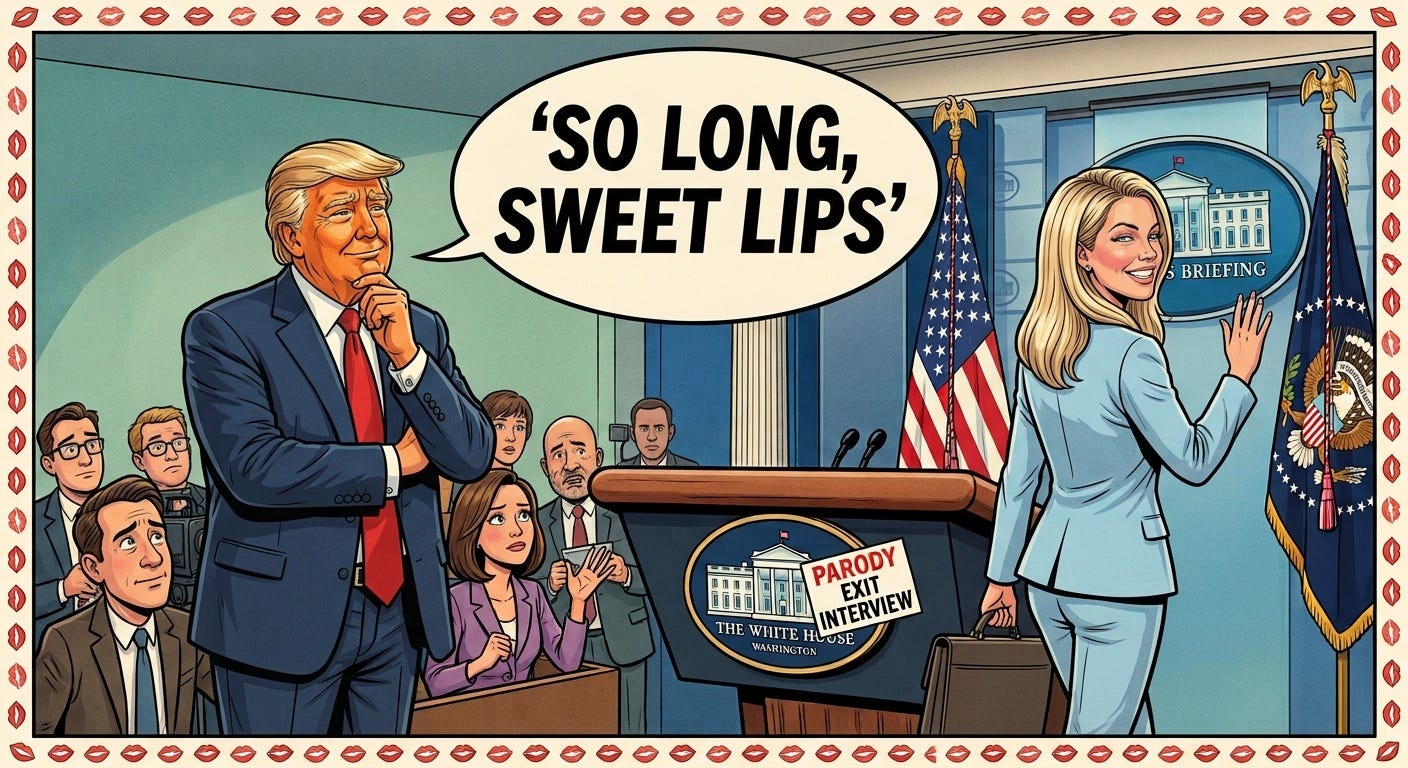 Cartoon image of Trump saying goodbye to Karoline Leavitt. Cartoon image of Trump saying goodbye to Karoline Leavitt.