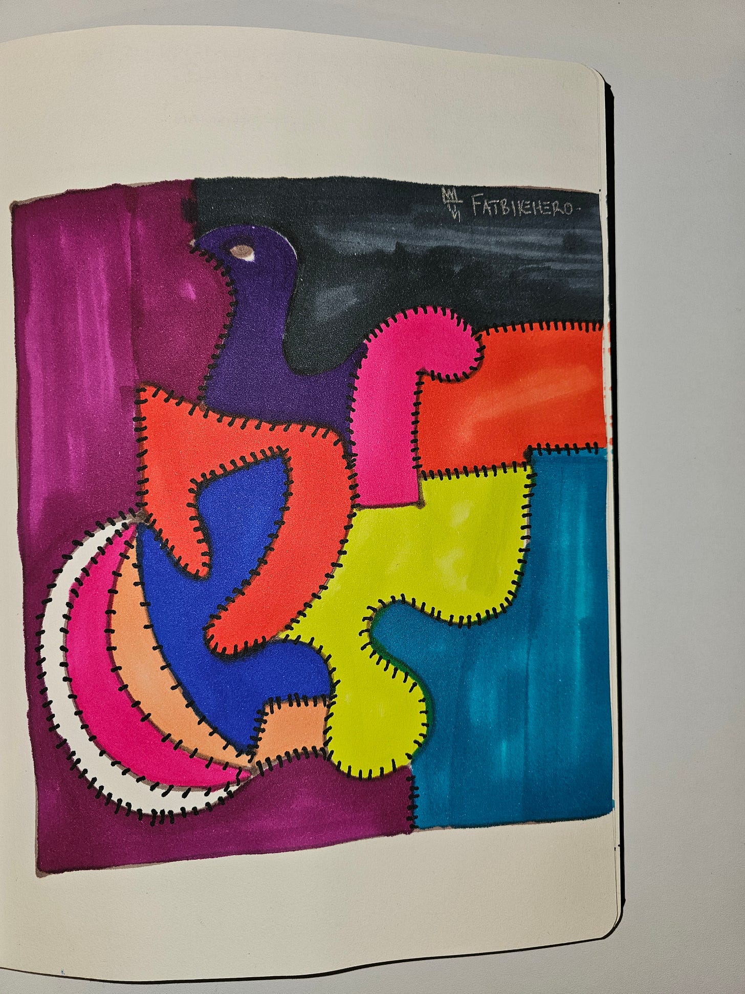 Alt Text: A vibrant abstract marker drawing by FatbikeHero (b. 1983) featuring a purple bird-like shape surrounded by orange, yellow, and blue puzzle pieces stitched together with black dashed lines on a dark background. Signed FatbikeHero Alt Text: A vibrant abstract marker drawing by FatbikeHero (b. 1983) featuring a purple bird-like shape surrounded by orange, yellow, and blue puzzle pieces stitched together with black dashed lines on a dark background. Signed FatbikeHero