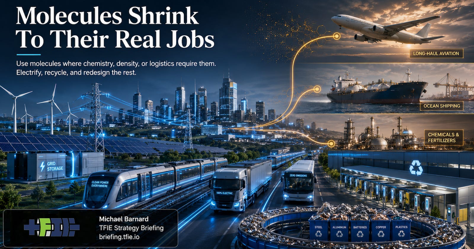 Hero graphic showing clean electricity, grids, rail, electric trucks, batteries, recycling, aviation, shipping, and chemical facilities, with molecule flows reserved for hard-to-electrify uses.