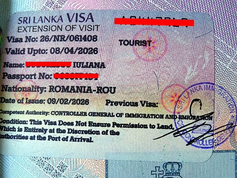 Sri Lanka visa extension sticker inside a passport showing updated validity dates.