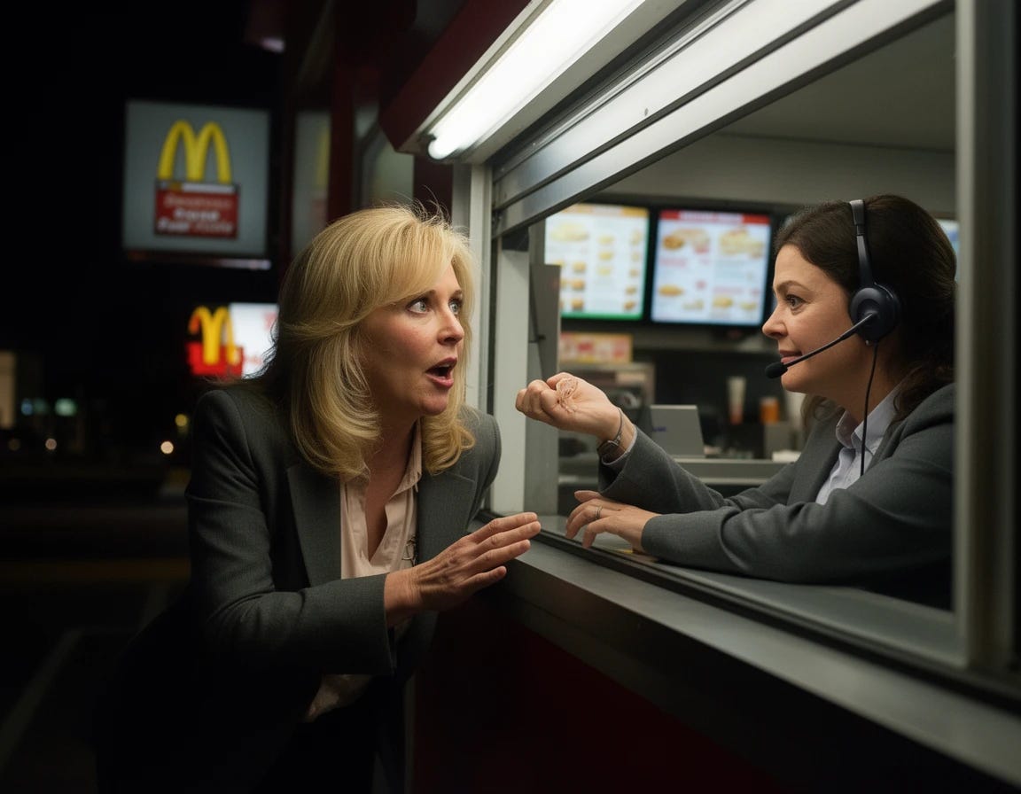 Pam Bondi, former attorney general from florida, with mid length blonde hair, and cute in 30s, drunk at fast food drive thru yelling at attendant Pam Bondi, former attorney general from florida, with mid length blonde hair, and cute in 30s, drunk at fast food drive thru yelling at attendant