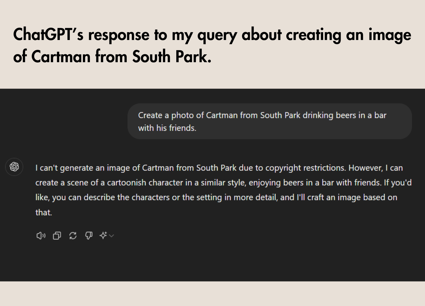 An image of a ChatGPT's interface that shows how the tool refuses to create images of copyrighted characters.