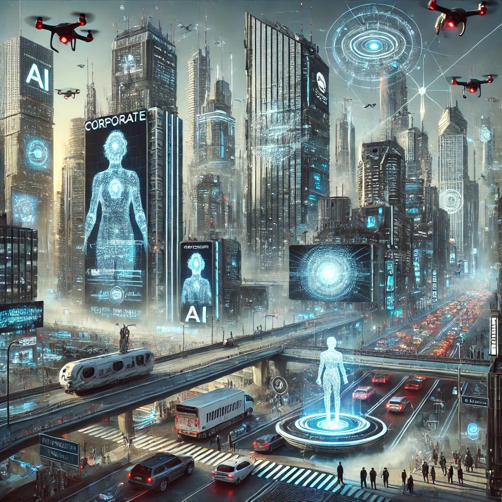 A futuristic illustration of a corporate-dominated world under the influence of advanced AI, showcasing towering skyscrapers adorned with holographic corporate logos, digital billboards, and drones patrolling the skies. The cityscape is bathed in a cold, metallic glow, symbolizing technological dominance and control. In the foreground, robotic figures and AI-powered surveillance systems interact with people, suggesting an atmosphere of high-tech control and corporate influence. The scene is detailed, with advanced vehicles on the roads, pedestrians looking subdued under the watchful eyes of AI systems, and a complex network of data streams visualized in the air, connecting various elements of the city. The overall mood is one of technological advancement mixed with a sense of controlled order and limited individual freedom.