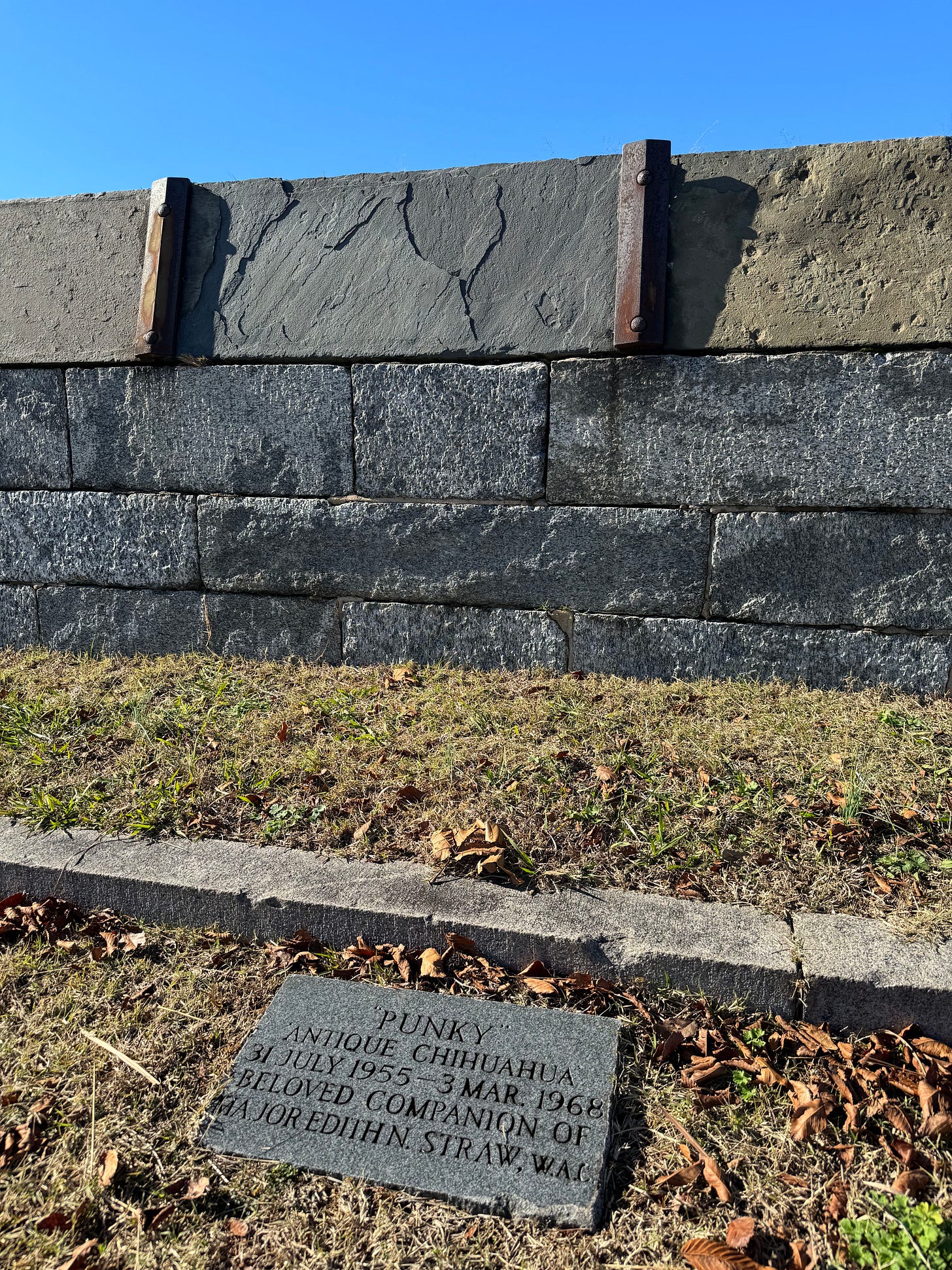 Grave marker set at the base of a fort wall that reads: “PUNKY” ANTIQUE CHIHUAHUA 31 JULY 1955 — 3 MAR. 1968 BELOVED COMPANION OF MAJOR EDITH N. STRAW, W.A.C. Grave marker set at the base of a fort wall that reads: “PUNKY” ANTIQUE CHIHUAHUA 31 JULY 1955 — 3 MAR. 1968 BELOVED COMPANION OF MAJOR EDITH N. STRAW, W.A.C.