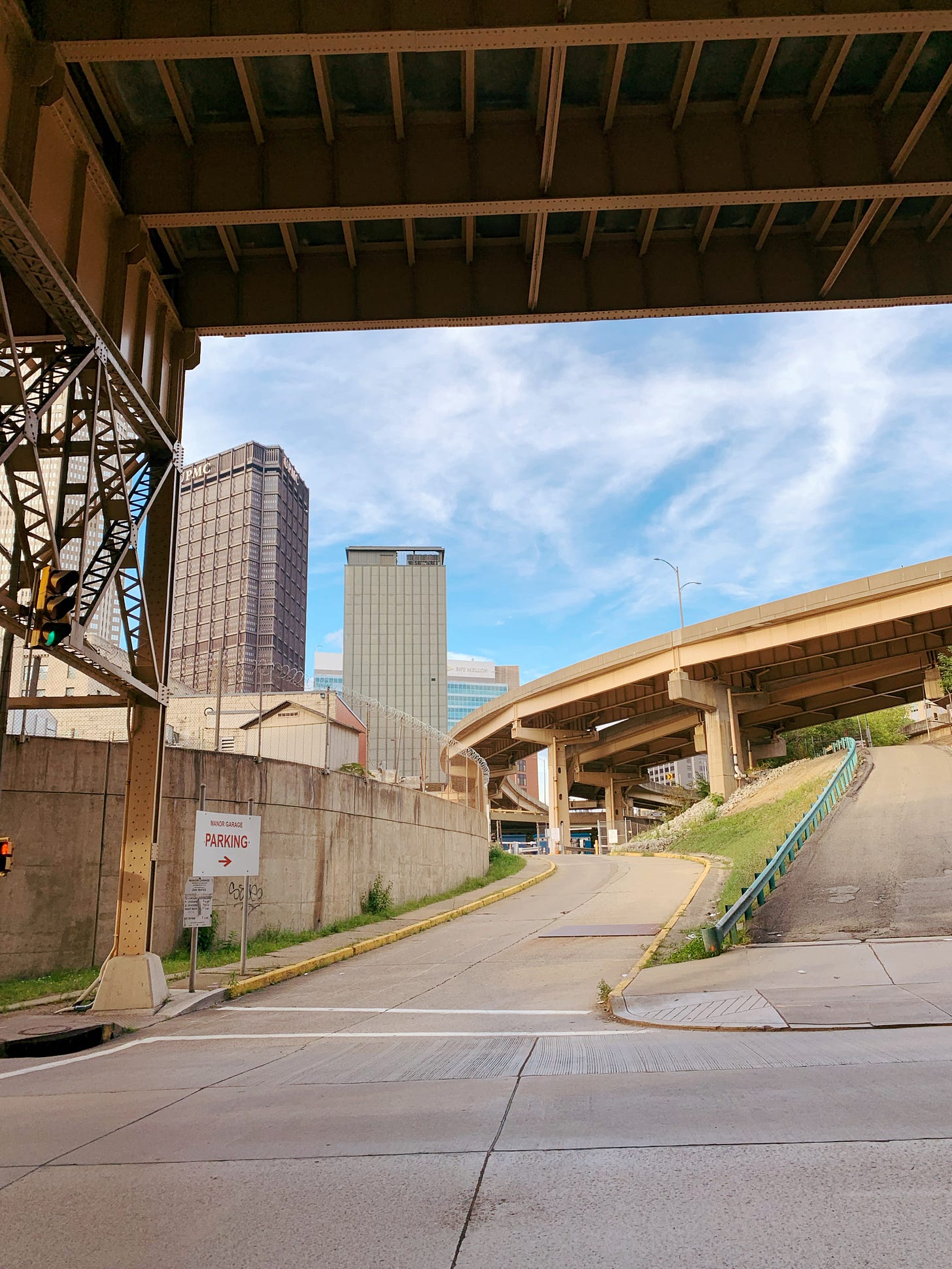 Looking at Pittsburgh skyscrapers under highway