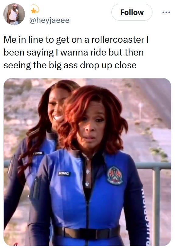 Blue Origin meme about Gayle King and regretting lining up for a roller coaster.
