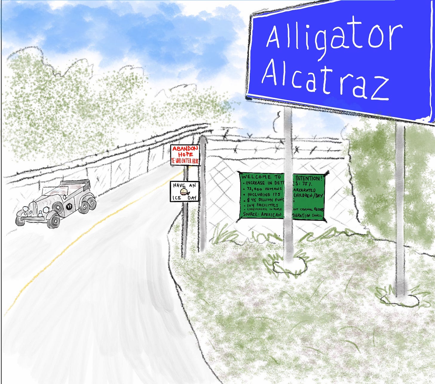 alligator alcatraz with nazi staff car and "abandon hope" sign