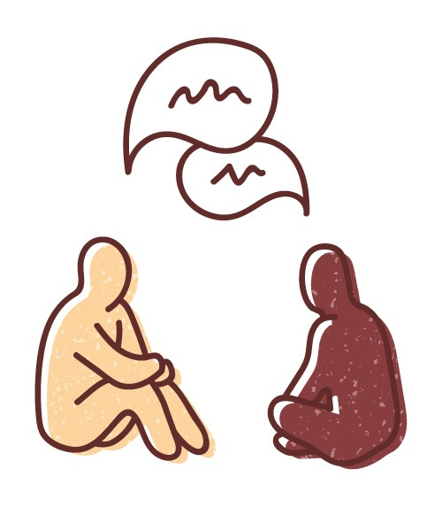 Illustration of two humanoid figures sitting on the ground facing each other with speech bubblies indicating they are conversing.