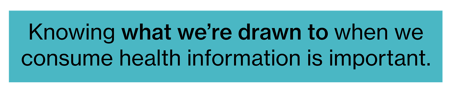 Black text on a turquoise background. It reads: "Knowing what we're drawn to when we consume health information is important."