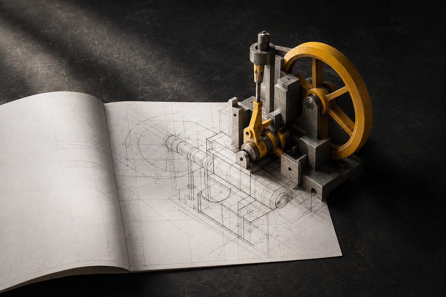 A machine with a yellow flywheel emerges from the technical drawing beneath it.