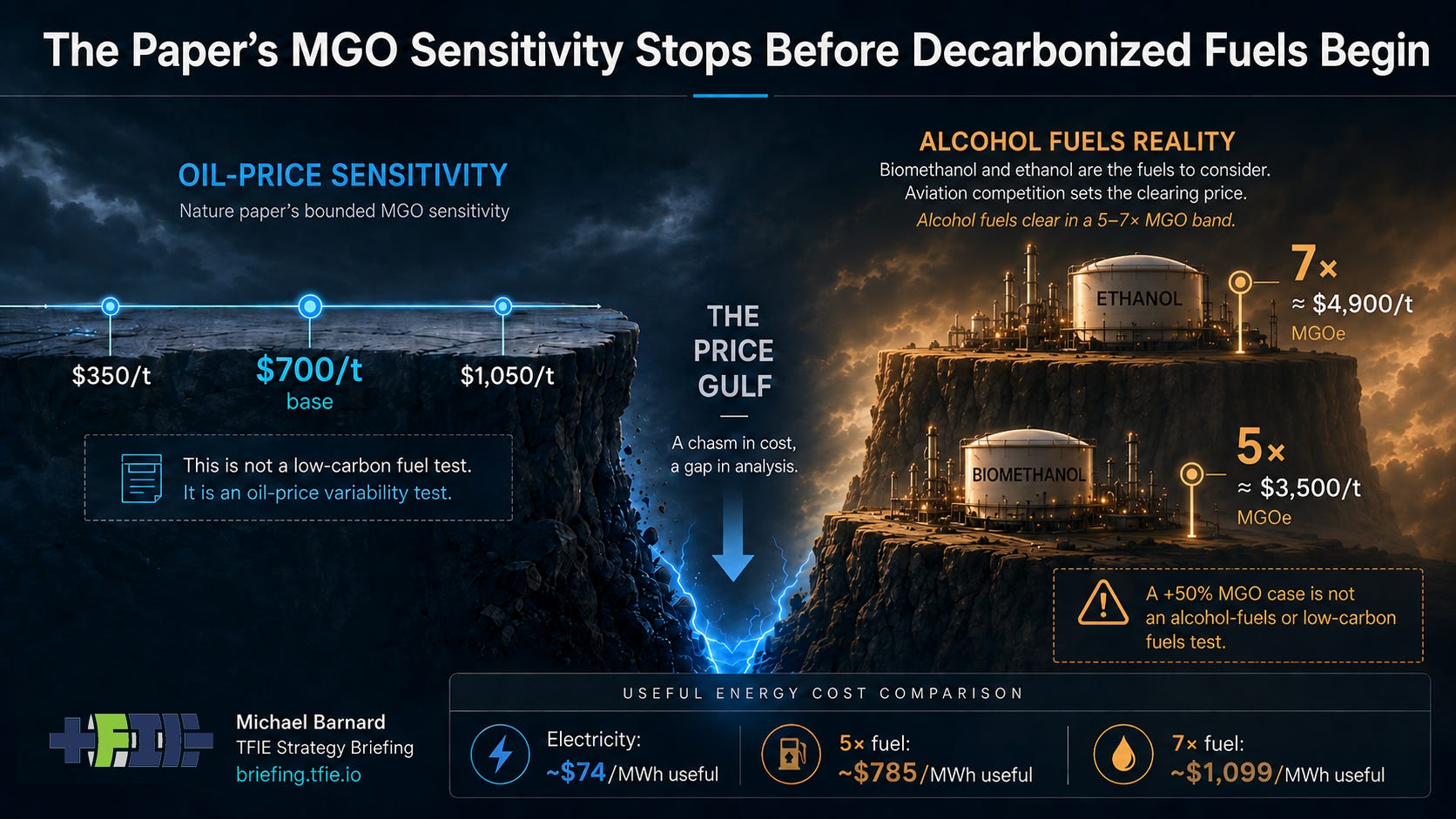 Price cliff graphic comparing the paper’s MGO range with 3×, 5× and 7× low-emissions fuel cases.