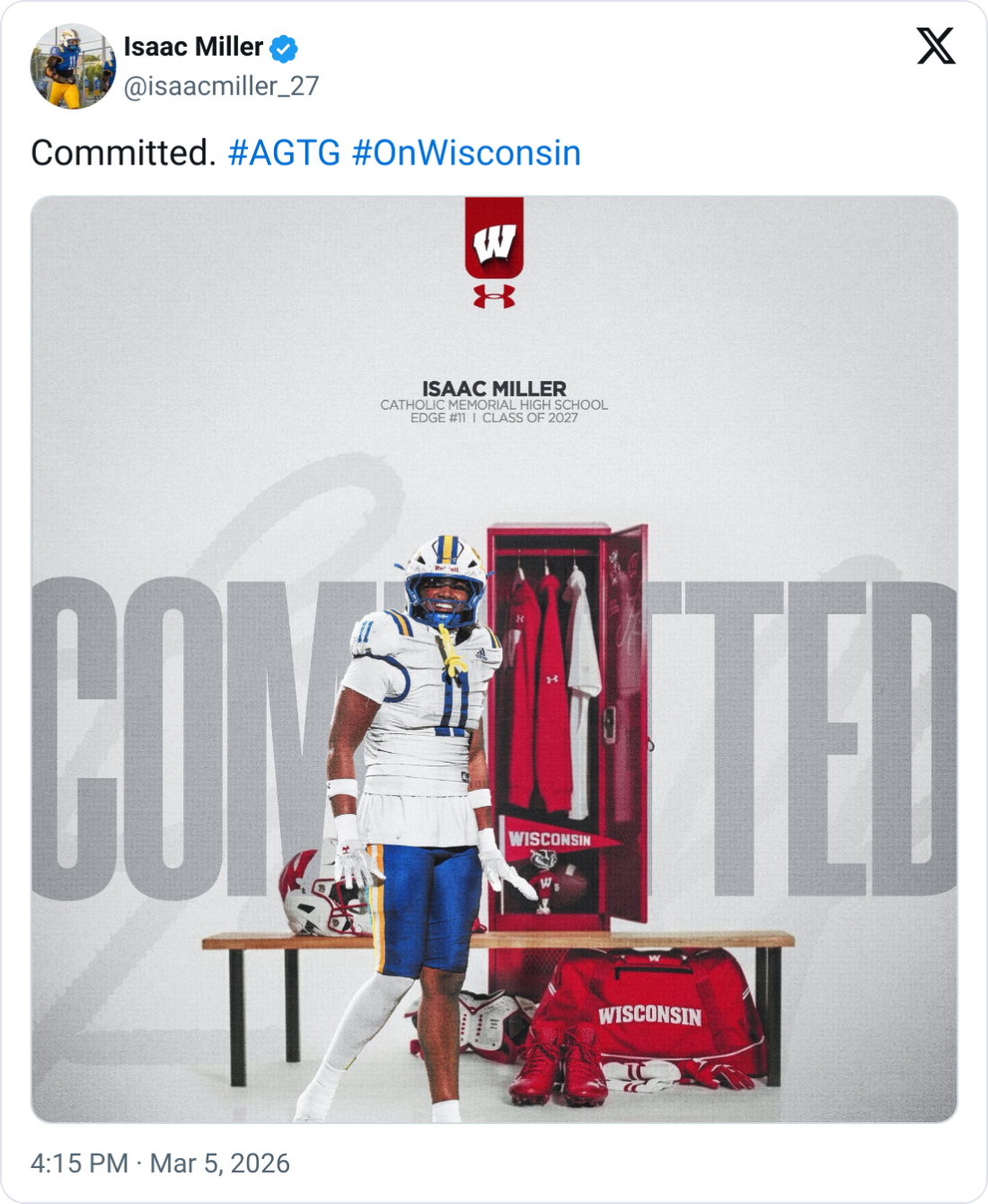 Isaac Miller 2027 Wisconsin football commitment graphic. 4-star Edge from Catholic Memorial Waukesha officially commits to Luke Fickell and the Badgers.