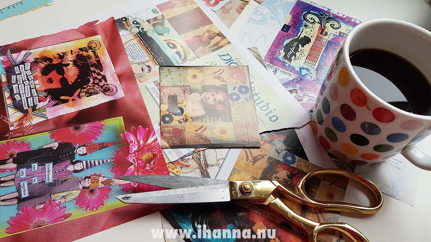 A pile of images from a Somerset Studio magazine that will be used as collage fodder for a mixed media artist (Photo copyright Hanna Andersson)