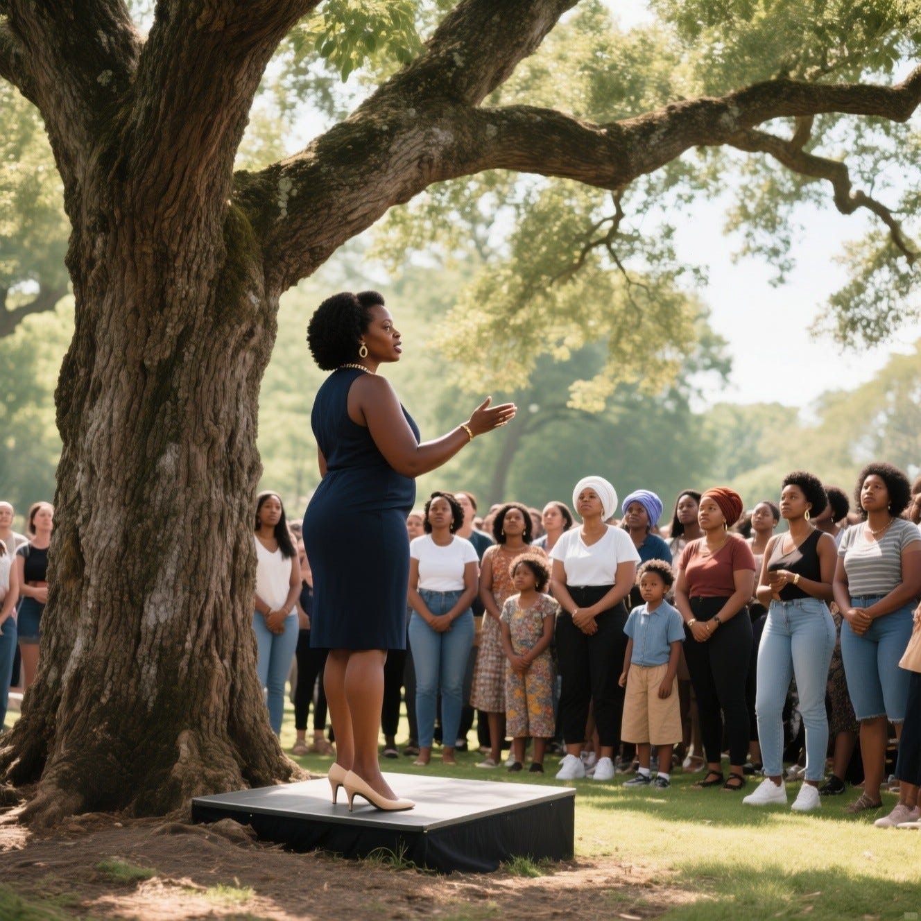 Provide me a realistic image of an African American woman standing by a large oak tree. The tree is in the ground. The lady saying decrees facing a crowd of women listening in an outdoor. She is standin firm as a leader.  The crowd is women of all ages and wearing urban wear, hair not wrapped. in the summer time. She is on a platform