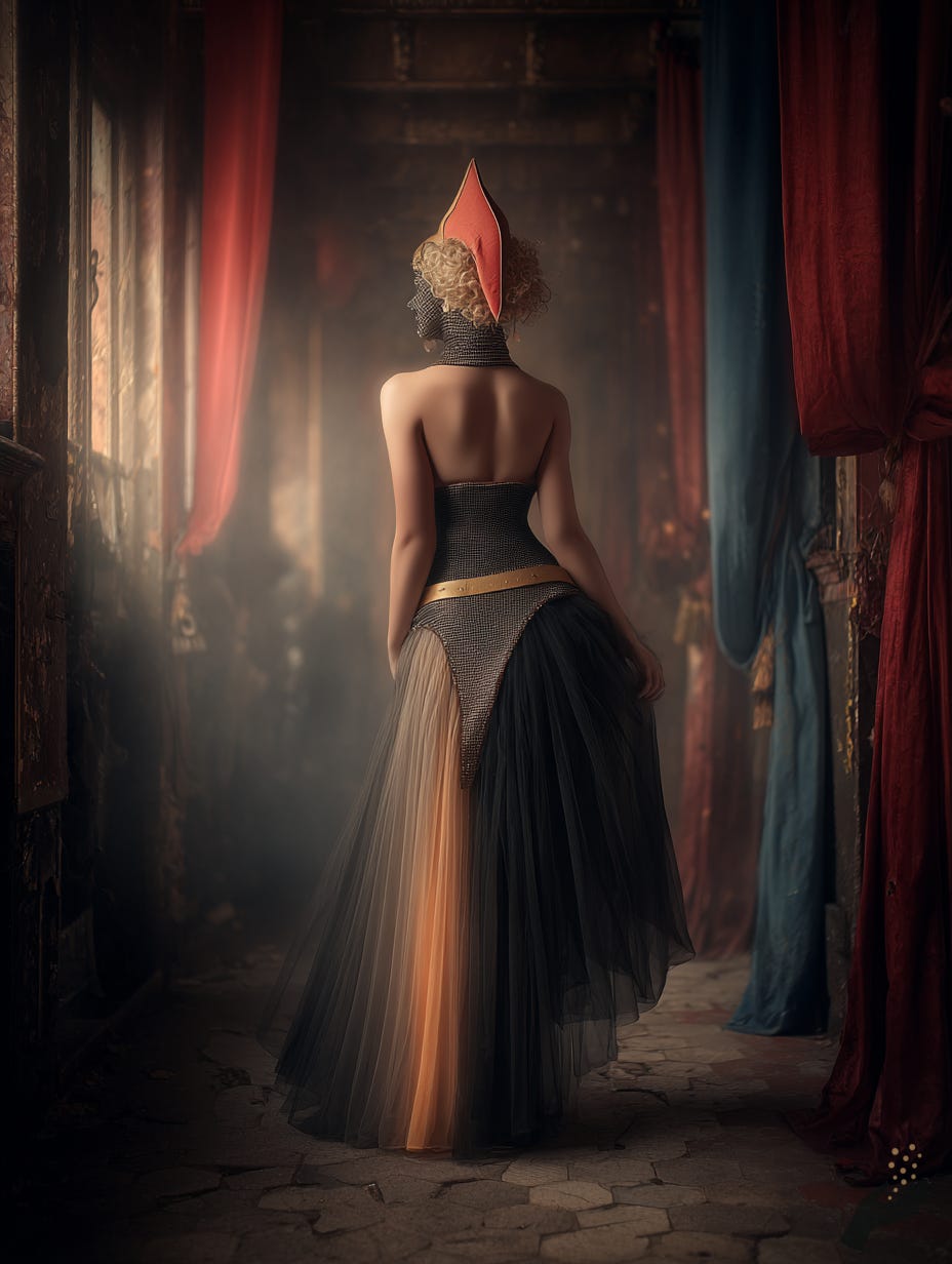 Surreal gothic artwork of a woman in a long dress and pointed red headpiece standing in a draped interior with warm light entering from an opening.