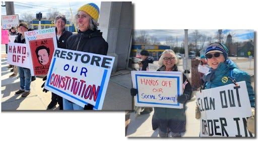 Activists bundled up in hats and gloves protesting with signs reading hands off our social security, restore our constitution, and one with a photo of Elon Musk reading I am stealing from you.