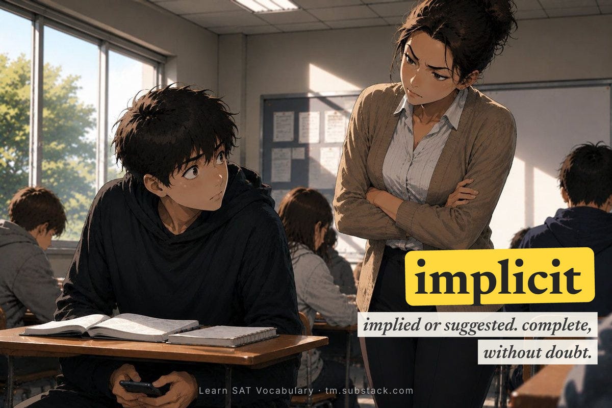Illustration — “implicit” means implied or suggested. complete, without doubt.