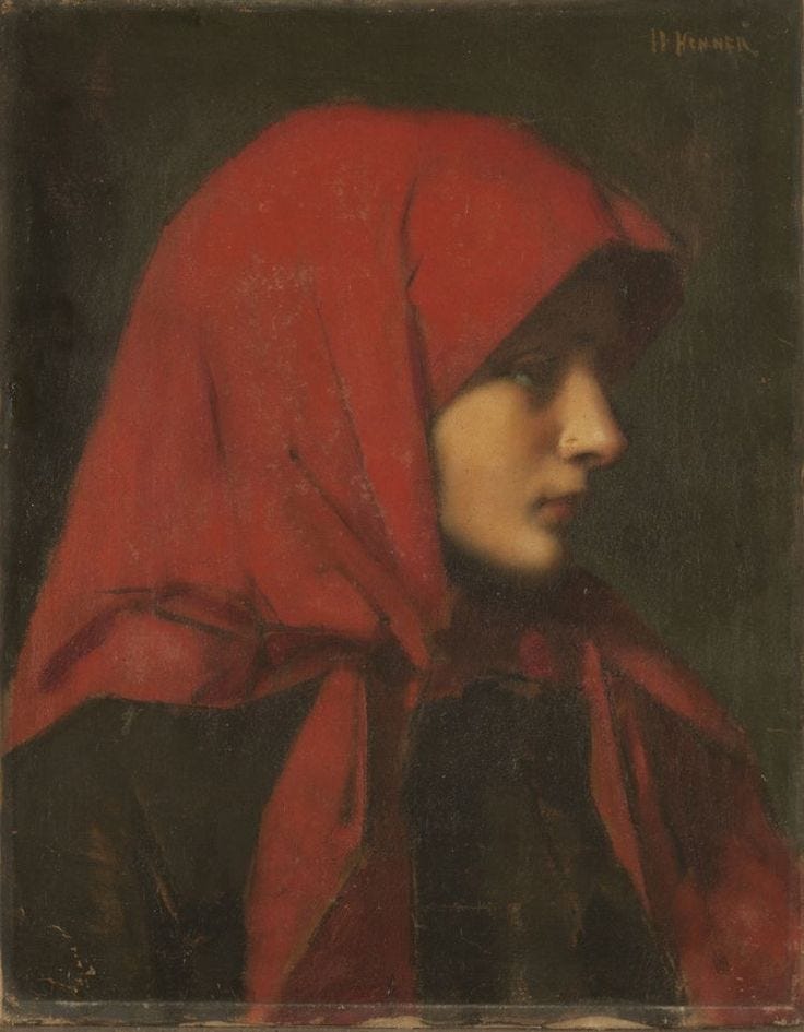 This may contain: a painting of a woman wearing a red head scarf and looking off to the side