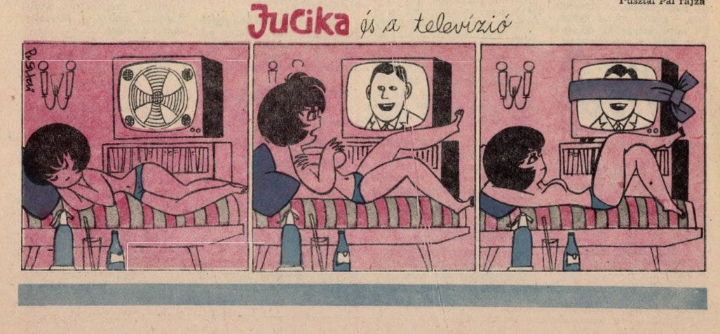 Jucika sleeps in her underwear on the couch with empty bottles nearby and the TV showing static. When regular programming resumes with a smiling male anchor, she’s startled. In the final panel, she watches the news with his eyes covered by a ribbon across the screen. Jucika sleeps in her underwear on the couch with empty bottles nearby and the TV showing static. When regular programming resumes with a smiling male anchor, she’s startled. In the final panel, she watches the news with his eyes covered by a ribbon across the screen.