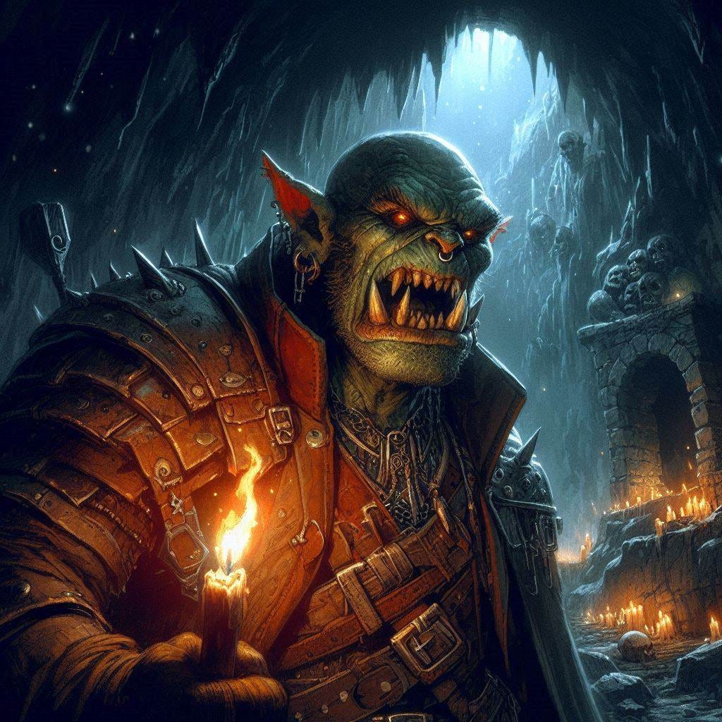 orc with vampire fangs in a torchlit cave, dungeons and dragons fantasy drawing