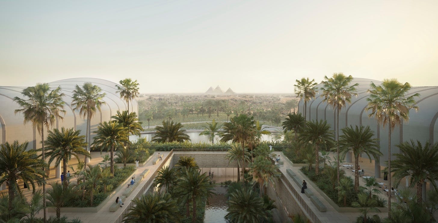 The Magdi Yacoub Global Heart Center in Cairo view from the building towards the pyramids 