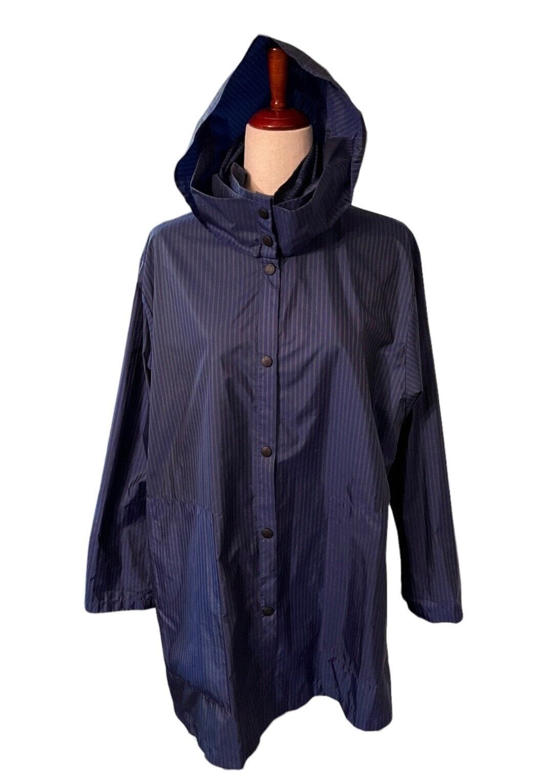 Babette SF Rain Jacket Coat Blue Striped Pockets Packable Hooded Women’s Small - Picture 1 of 10