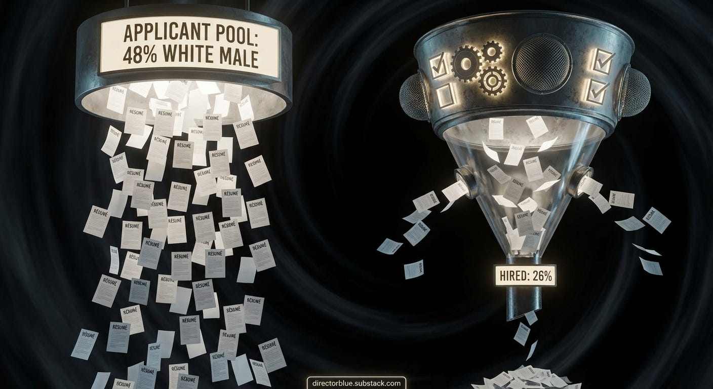 A surrealist visualization of a giant industrial funnel floating in a void At the wide top hundreds of identical resumes cascade in with a large sign reading APPLICANT POOL 48 WHITE MALE The funnel narrows dramatically with visible filtering_image_1