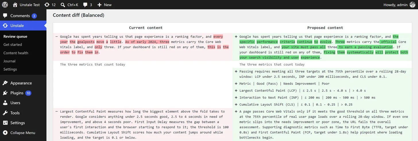 Le diff avant/aprĂšs dans la file de relecture d'Unstale Le diff avant/aprĂšs dans la file de relecture d'Unstale