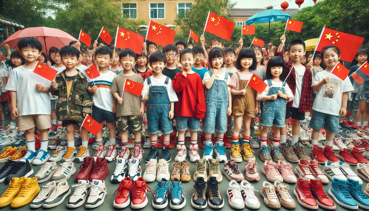 A wide aspect ratio, real-life-like image showing a group of Chinese kids wearing different kinds of footwear and holding small Chinese flags in their hands. The children are standing together, smiling and excited, each showcasing their unique shoes ranging from sneakers to sandals. The background features a park or a playground, with greenery and play equipment visible. The kids are dressed in casual, colorful clothes, and the atmosphere is joyful and lively. The overall scene captures the spirit of youth and patriotism, with the children proudly holding their small Chinese flags.
